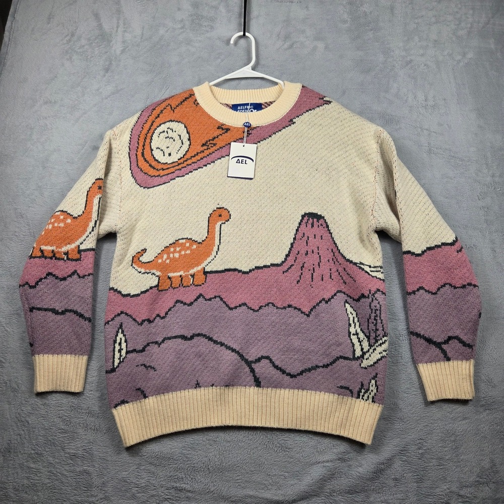 Aelfric Eden Sweater Women M Cream NEW Dinosaur Meteor Volcano Knit Pullover